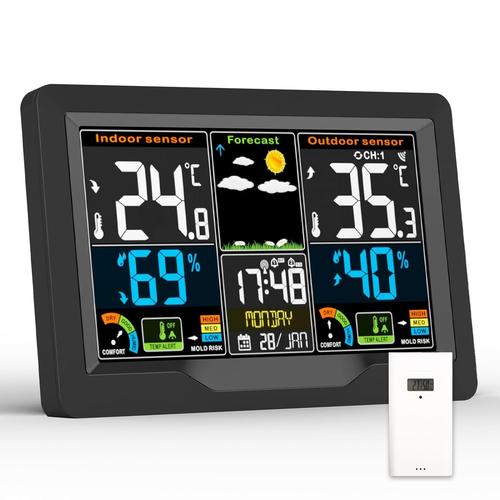 Station Meteo Interieur Exterieur sans Fil avec Capteur Extérieur,Station Météo Écran LCD Couleur Numérique