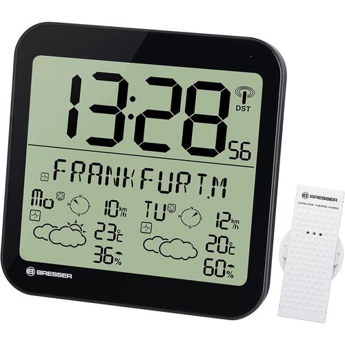 Bresser Station météo LCD Résistant aux intempéries Horloge Murale avec 4 Jours de prévisions météo,22.5x22.5x2.5 cm Noir