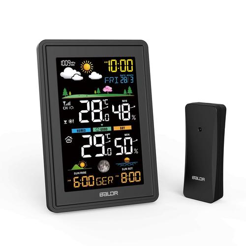 Johgee Station météo sans fil avec capteur extérieur,horloge radio DCF,écran couleur numérique avec thermomètre