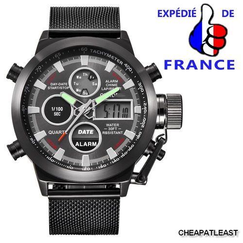 Superbe Montre Homme Sport Look Style Militaire - Double Affichage / Chronomètre / Alarme / Bracelet Maille Milanaise Acier Inoxydable Noir Titanium
