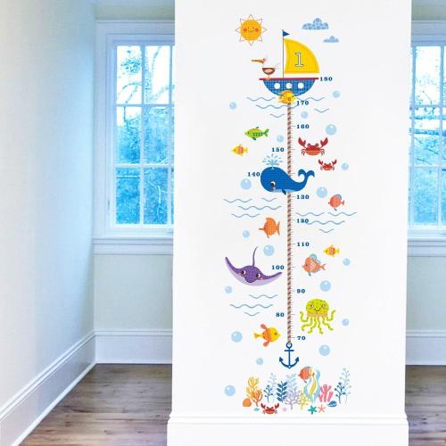 Monde sous-marin dessin animé algues corail requin méduse crabe bulle bateau croissance hauteur graphique amovible stickers muraux autocollants, enfants bébé chambre crèche bricolage stickers muraux