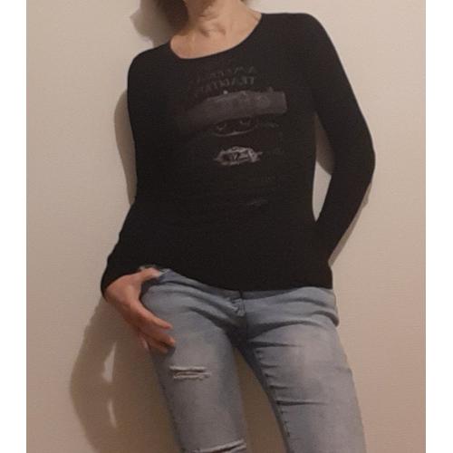T-Shirt Manches Longues Femme Noir + Motif - Col Rond - Petite Ouverture Dos - T.S - Marque Guess