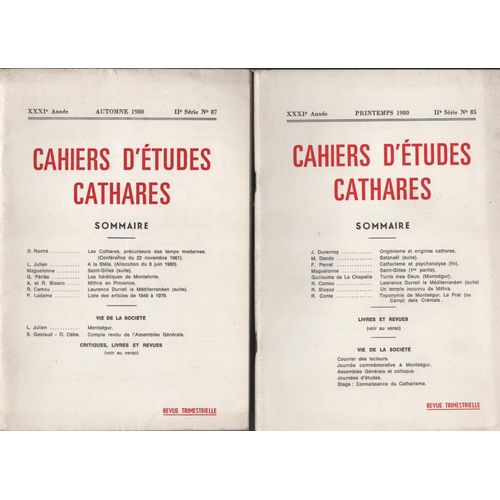 Cahiers D'études Cathares N° 85-87-88. Printemps, Automne,Hiver 1980
