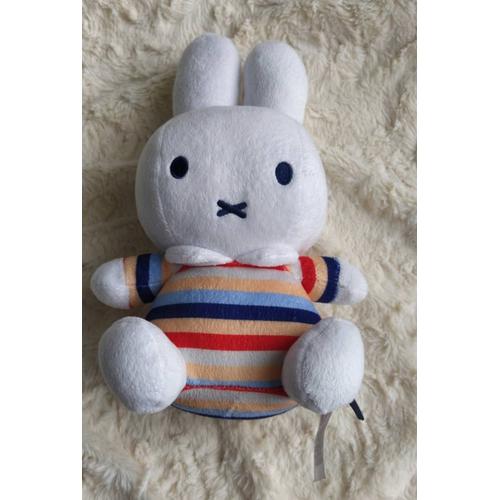 Peluche Doudou Lapin Blanc Miffy Rayé Gris Bleu Orange Rouge H 25 Cm Nijntje Miffy Tiamo Collection Grelot