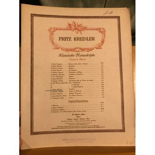 Padre Martini Preghiera Partition Violon Piano Édition Fritz Kreisler Schott