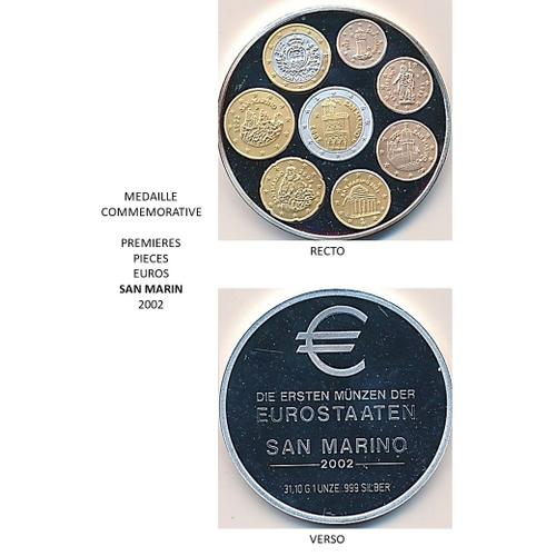 Médaille Commémorative Premières Pièces Euros Saint Marin 2002 (Rare)