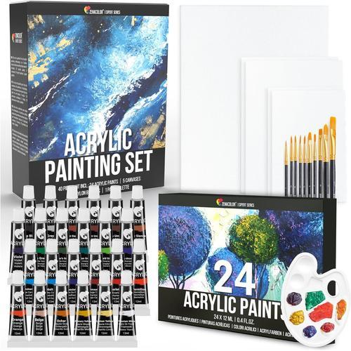 Kit De Peinture Acrylique (40 Pièces) - 24x12ml Peintures- Avec 5 Toiles À Peindre,10 Pinceaux,1 Palette - Set Peinture Acrylique Pour Artistes - Loisirs Créatifs Adultes