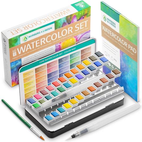 Lg40 Ensemble De Peinture Aquarelle - 36 Couleurs En Demi-Casseroles,Bloc De Papier De 12 Feuilles,2 Pinceaux À Eau Rechargeables - Pigments Hydrosolubles Vibrants Un Étui Portable