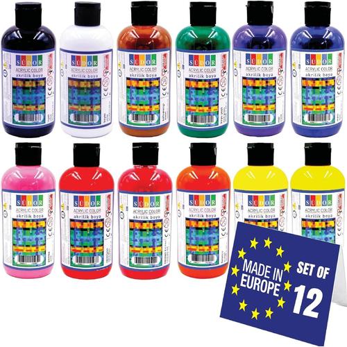 Südor Lot De 12 Peintures Acryliques De 250 Ml (3000 Ml) 100 % Non Toxiques - Séchage Rapide - Convient Pour Le Pouring Acrylique - Pour La Peinture Sur Bois,Pierre,Toile,Verre,Plastique,Carton