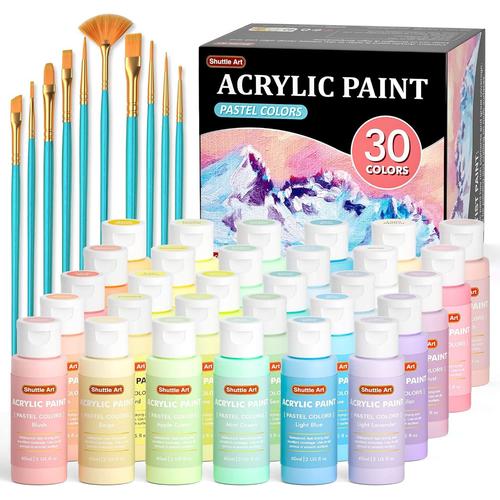 40pcs Kit Peinture Acrylique Pastel,30 Couleurs (60ml) Peinture Pastel Avec 10 Pinceaux,Acrylique Peinture Enfant Idéal Pour L'artisanat Et La Peinture Sur Toile,Roche,Céramique,Verre