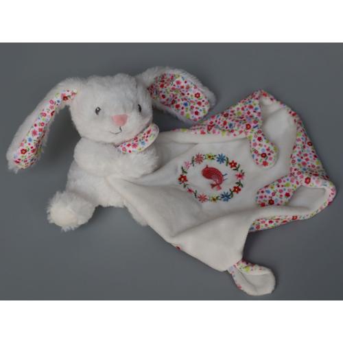 Doudou Lapin Mouchoir Blanc Fleurs Oiseau Pommette