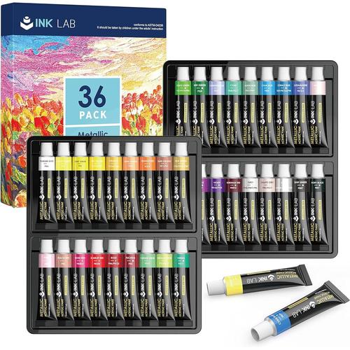 Peinture Acrylique Métallique 36 Tubes 12ml Couleurs Brillantes Kit De Peinture Acrylique Métalliques Pour Peinture Sur Toile Papier Bois Pierre Céramique Artistes Enfants,Pigments Riches