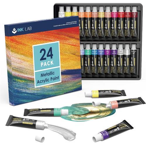 Peinture Acrylique Métallique 24 Tubes 12ml Couleurs Brillantes Kit De Peinture Acrylique Métalliques Pour Peinture Sur Toile Papier Bois Pierre Céramique Artistes Enfants,Pigments Riches