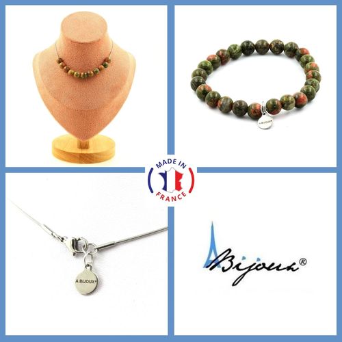 Parure Bijoux Bracelet Collier 10 Perles Unakite 8 Mm. Chaine En Acier Taille Personnalisable.