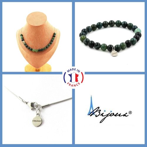 Parure Bijoux Bracelet Collier 20 Perles Agate Mousse 8 Mm. Chaine En Taille Personnalisable.