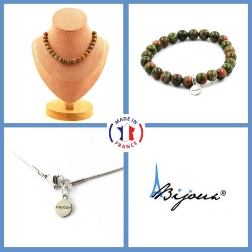 Parure Bijoux Bracelet Collier 20 Perles Unakite 8 Mm. Chaine En Acier Taille Personnalisable.
