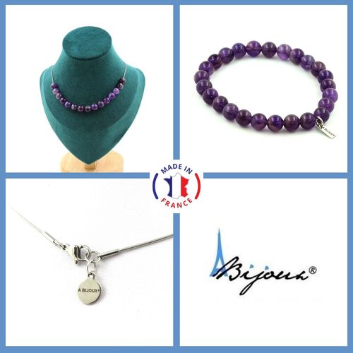 Parure Bracelet Collier 15 Perles Améthyste 8 Mm. Chaine En Acier Taille Personnalisable.