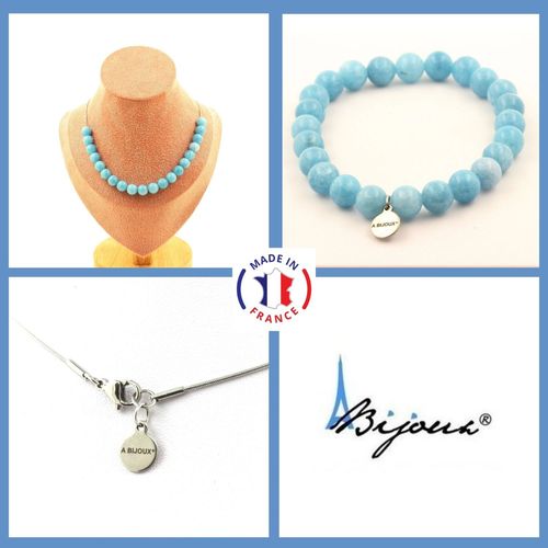 Parure Bijoux Bracelet Collier 20 Perles Calcédoine Bleu 8 Mm. Chaine Taille Personnalisable.