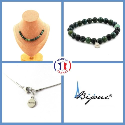 Parure Bijoux Bracelet Collier 15 Perles Agate Mousse 8 Mm. Chaine En Taille Personnalisable.