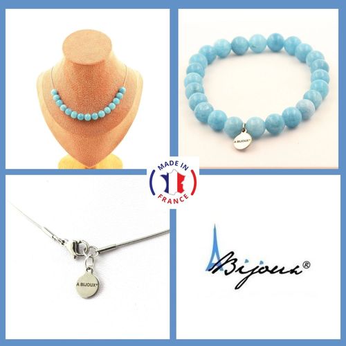 Parure Bijoux Bracelet Collier 15 Perles Calcédoine Bleu 8 Mm. Chaine Taille Personnalisable.