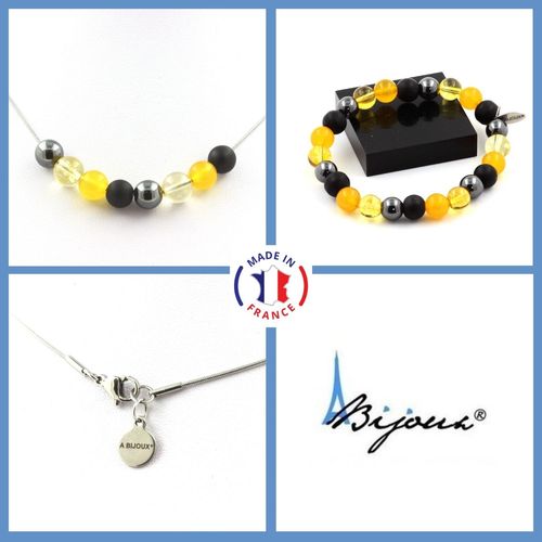 Parure Bijoux Bracelet Collier Perles Hématite + Onyx Noir Mat + Taille Personnalisable.