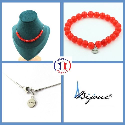 Parure Bijoux Bracelet Collier 15 Perles Calcédoine Rouge 8 Mm. Chaine Taille Personnalisable.
