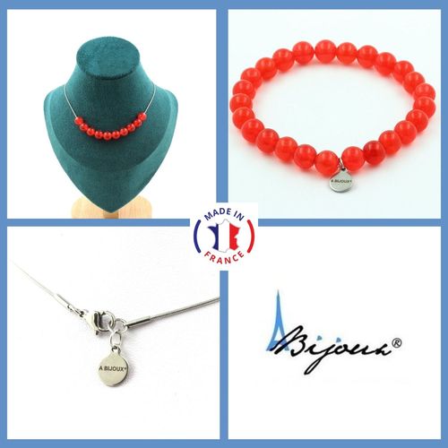Parure Bijoux Bracelet Collier 10 Perles Calcédoine Rouge 8 Mm. Chaine Taille Personnalisable.