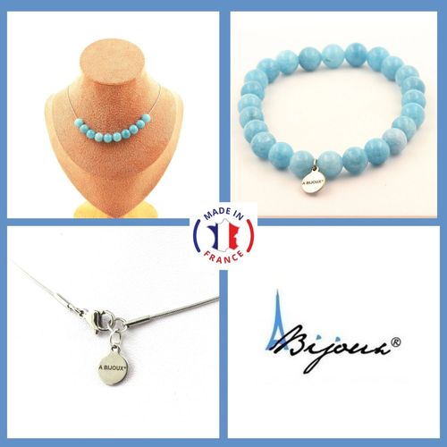 Parure Bijoux Bracelet Collier 10 Perles Calcédoine Bleu 8 Mm. Chaine Taille Personnalisable.