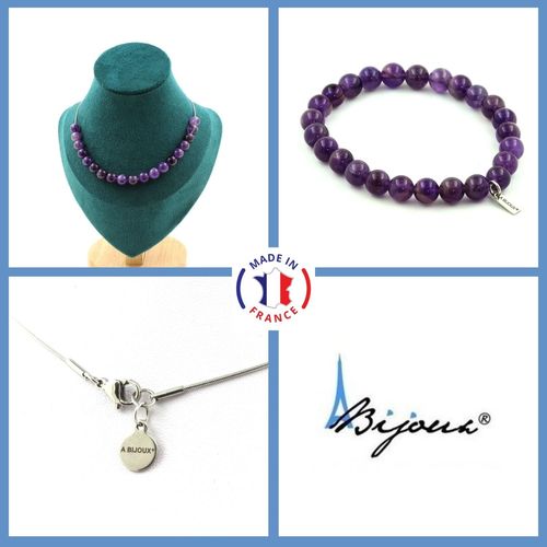 Parure Bijoux Bracelet Collier 20 Perles Améthyste 8 Mm. Chaine En Taille Personnalisable.