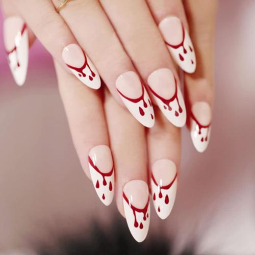 Lot De 24 Faux Ongles Ovales Brillants À Presser Blanc, Rouge Moyen, Imprimé Goutte De Sang, Mignon Punk Drôle Halloween, Couverture Complète, Faux Ongles Artificiels Pour Femmes Et Filles