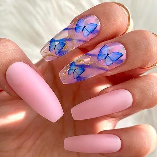 Faux Ongles Rose Mat Cercueil Ballerine Faux Ongles Artificiels Ongles Pour Femmes Et Filles 24 Pièces (Papillon Bleu) 