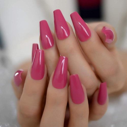 Faux Ongles En Forme De Cercueil, Rose Foncé, Brillant, Couverture Complète En Acrylique, Pour Salon, Presse Artificielle, Uv, Avec Autocollant De Colle, 24 Pièces 