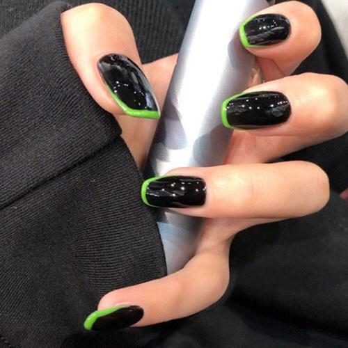 Faux Ongles Courts En Acrylique, Noirs, Français, Noir Et Vert, Vêtements Contrastés, Patch, Imperméable, Amovible 