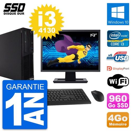 PC Lenovo M73 SFF Ecran 19" Intel i3-4130 RAM 4Go SSD 960Go Windows 10 Wifi