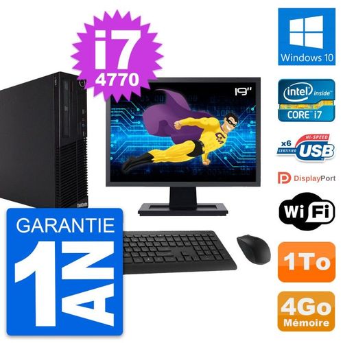 PC Lenovo M73 SFF Ecran 19" Intel i7-4770 RAM 4Go Disque Dur 1To Windows 10 Wifi