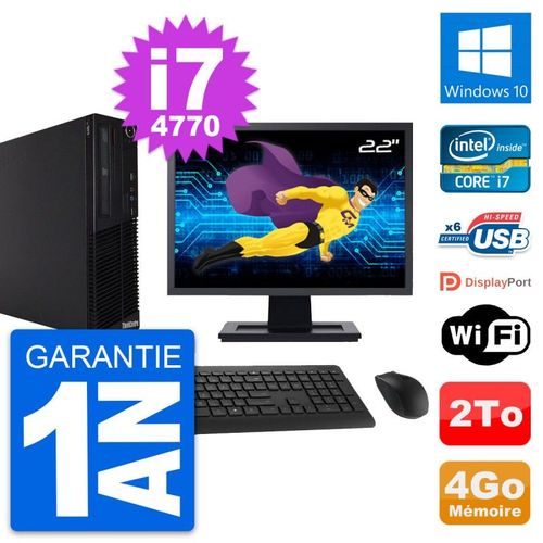 PC Lenovo M73 SFF Ecran 22" Intel i7-4770 RAM 4Go Disque Dur 2To Windows 10 Wifi