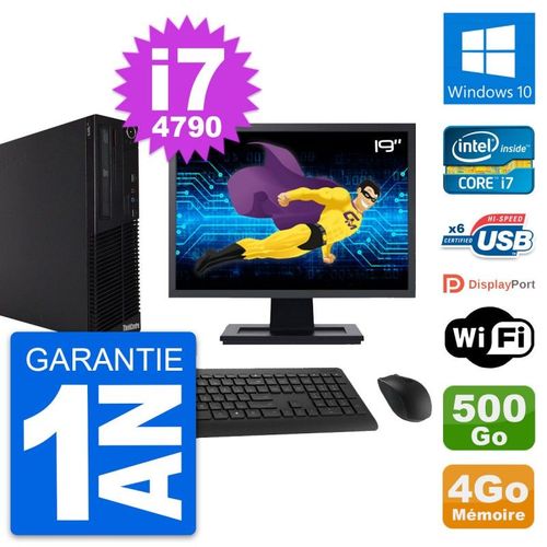 PC Lenovo M73 SFF Ecran 19" Intel i7-4790 RAM 4Go Disque 500Go Windows 10 Wifi