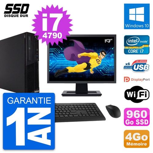 PC Lenovo M73 SFF Ecran 19" Intel i7-4790 RAM 4Go SSD 960Go Windows 10 Wifi