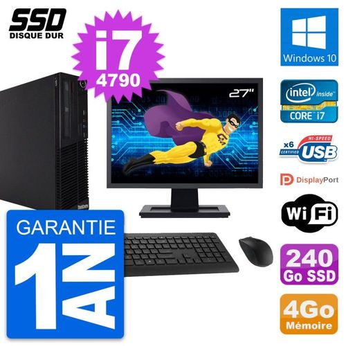 PC Lenovo M73 SFF Ecran 27" Intel i7-4790 RAM 4Go SSD 240Go Windows 10 Wifi
