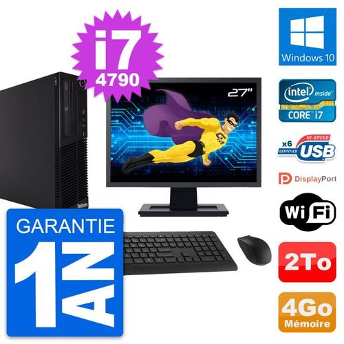 PC Lenovo M73 SFF Ecran 27" Intel i7-4790 RAM 4Go Disque Dur 2To Windows 10 Wifi