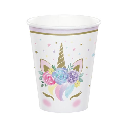 8 Gobelets En Carton Licorne Féerique Blancs 256 Ml