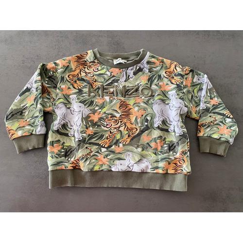 Sweat-Shirt Kaki Avec Tigres Et Éléphants Kenzo Taille 6 Ans/116 Cm