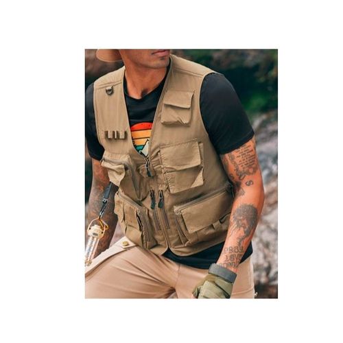Veste Sans Manche Multipoches Gilet Service Poches Bricolage Fermees A Pression Zip Fermeture Eclair Ou Velcro Beige 100% Coton D Travail Pr Outil Bricoleur Reporter Ouvrier Blazer Debardeur Pratic