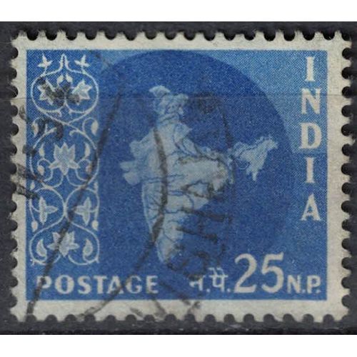 Inde 1957 Oblitéré Used Map Of India Carte Mappe De L'inde 25 Naye Paisa Bleu Outremer Su