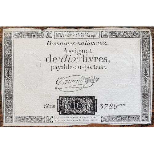 Assignat 10 Livres - 24 Octobre 1792 - Série 3789 - Domaine Nationaux - Taisaud
