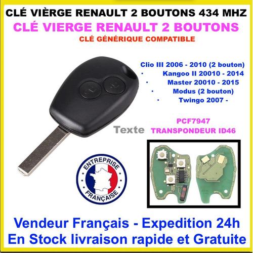 Clé Vierge Compatible Renault 2 Boutons Pcf7947 Clio 3 Kangoo 2 Modus Twingo