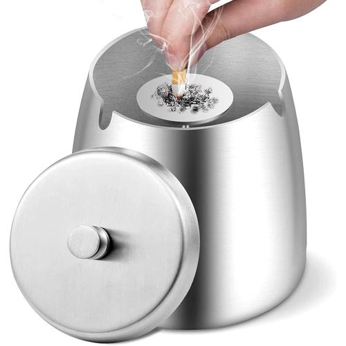 Cendrier Exterieur Interieur Ashtray, Grand Cigarettes Cendrier Coupe-Vent, Cendrier Acier Inox Avec Couvercle, Cendrier Portable Base Antidérapant, Pour Jardin, Balcon, Maison, Restaurant, Bar (Gris)