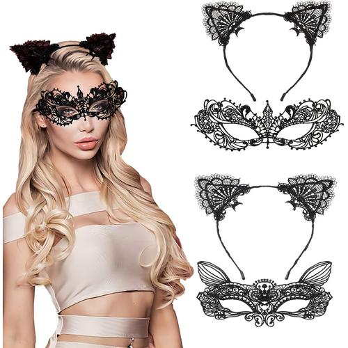 Lot De 4 Serre-Tête Oreilles De Chat En Dentelle Avec Masque Vénitien Pour Femme Et Fille Pour Carnaval Et Halloween