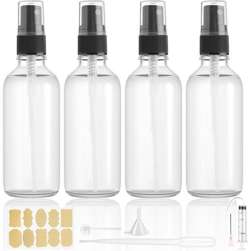 4 Pcs 100ml Flacon Vaporisateur Verre,Vaporisateur Huile Essentielle,Vaporisateur Parfum Vide,Flacon Parfum Vide,Flacon Spray Vide Avec Etiquettes,Entonnoirs,Seringues,Pour Cosmétique