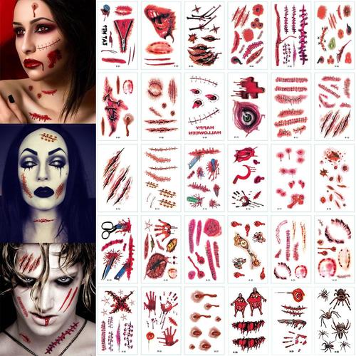 Halloween Tatouages Temporaires, 30 Pièces Halloween Scars Tatouage, Tatouages Zombie, Imperméable Fausses Tatouage Pour Décoration Halloween, Maquillage Cosplay 